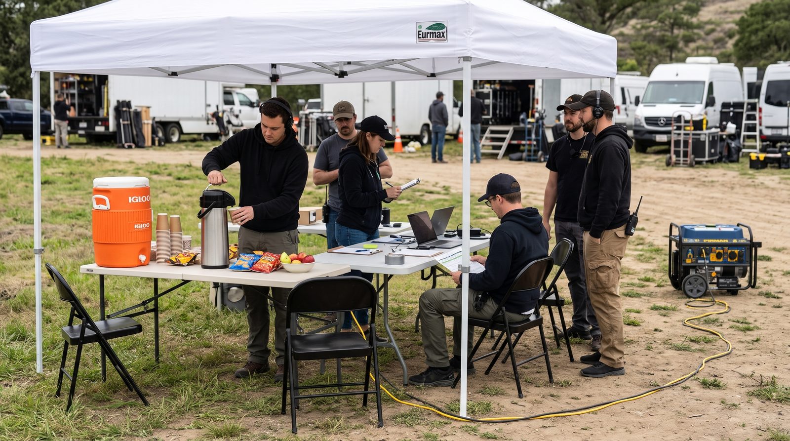Crew working under the Production Package canopy: tables, chairs, Igloo jug, coffee airpot and generator